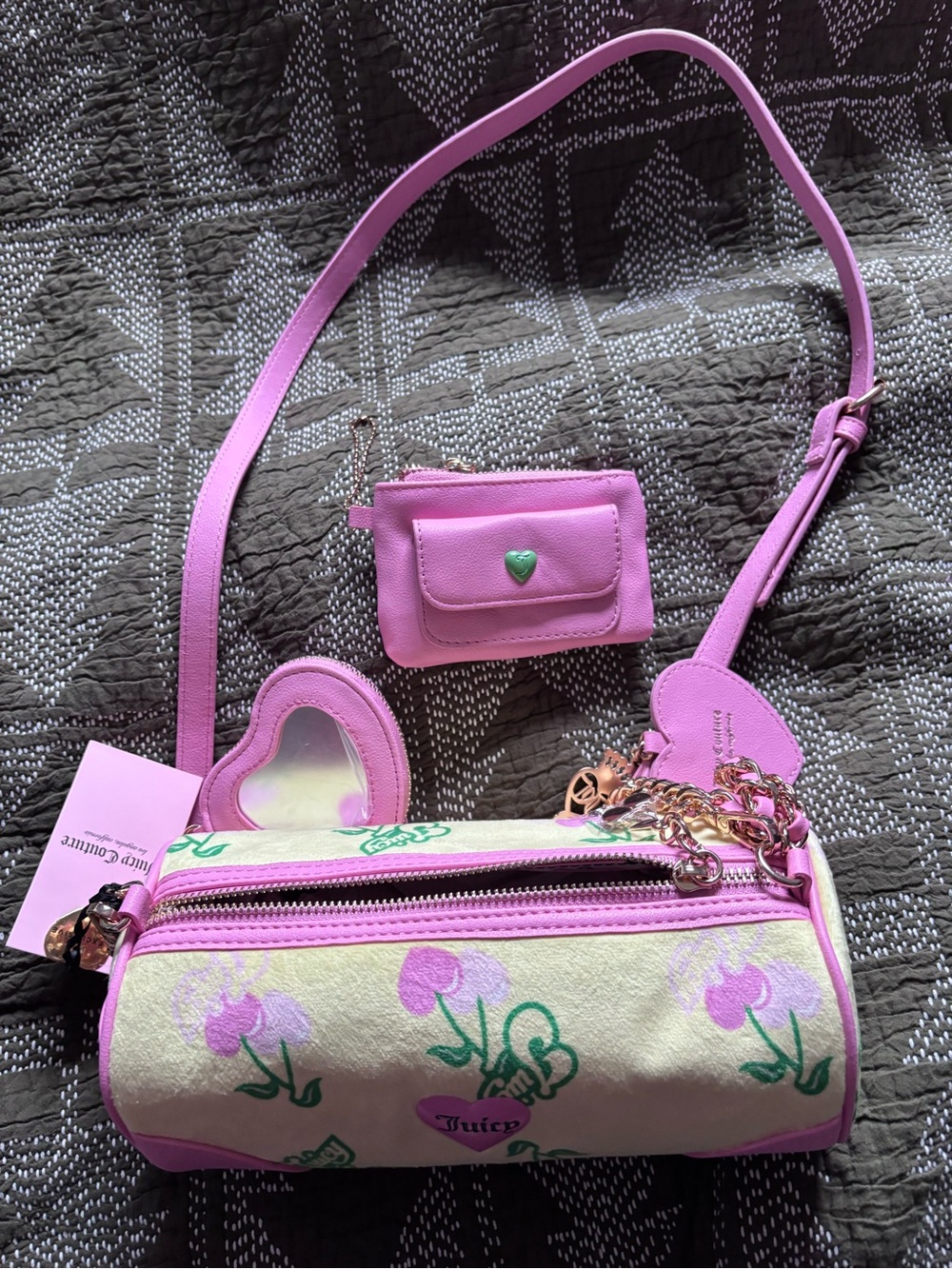 Juicy Couture Pink & Yellow Cherry barrel Crossbody Bag with Heart Charms